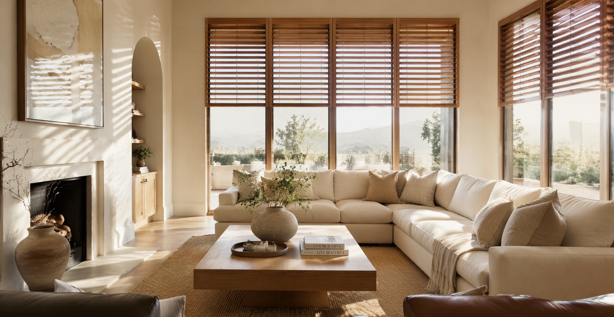 Elegant living room with custom wood blinds by TruShade